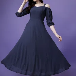 KALINI Self-Design Puff Sleeves Fit & Flare Maxi Dress-image-10