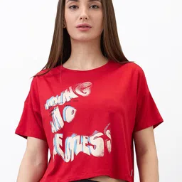 SPYKAR Women Typography Printed Round Neck Cotton Boxy T-shirt-image-72