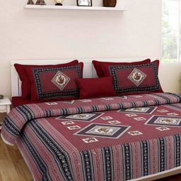 Aura Maroon & Grey Ethnic Motifs 144 TC Queen Bedsheet with 2 Pillow Covers-image-101