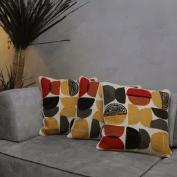 LUSHLYF Tufted White & Red 3 Pieces Geometric Embroidered Cotton Square Cushion Covers-47