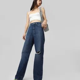 ONLY Women Straight Fit High-Rise Slash Knee Light Fade Stretchable Cotton Jeans-image-83