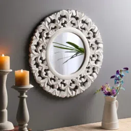 the urban store Mango Wood Round Wall Mirror In White Colour-picture-10