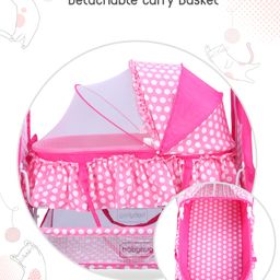 Babyhug Happy Kitty Print Bassinet with Mosquito net and detachable inner storage basket - Pink image 3