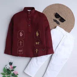 BAATCHEET Boys Ethnic Motifs Embroidered Band Collar Pure Cotton Kurta With Trousers-picture-49