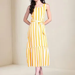 Popwings Women Striped Print A-Line Midi Dress-image-69