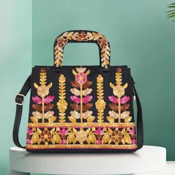 EVEDA Women Floral Embellished Structured Satchel with Quilted-9