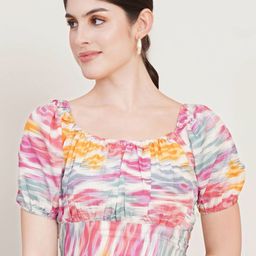 Moda Rapido Tie and Dye Print Puff Sleeve Crepe Blouson Crop Top-image-62