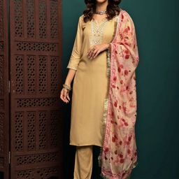 Sangria Cream Floral Embroidered Round Neck Mirror Work Kurta With Trouser & Dupatta-39