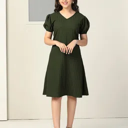 OMPAX Women Solid Puff Sleeve A-Line Dress-picture-43