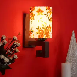 Devansh White & Brown Printed Wood Traditional Cylinder Shaped Wall Lamp-6