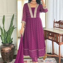 Navlik Geometric Printed Square Neck Sequinned Georgette Anarkali Kurta Trousers & Dupatta image 3