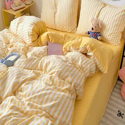 JC HOME Yellow Striped Polycotton 3 Piece Single Regular Bedding Set-28