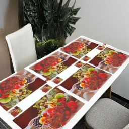 REVEXO White & Red 12 Pieces Printed Rectangle Table Placemats With Costers-12