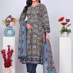 Pionex Floral Printed V-Neck Pure Cotton Kurta With Trousers And Dupatta-image-33