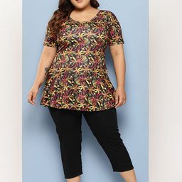 BAESD Floral Printed Round Neck Plus Size Swimming Dress With Cap-37