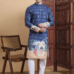 House of Pataudi Ethnic Motifs Embroidered Sequinned Mandarin Collar Pure Cotton Kurta-picture-14