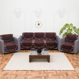 Kuber Industries Brown and White 10 Pieces 5 Seater Floral Printed Velvet Sofa Covers-8