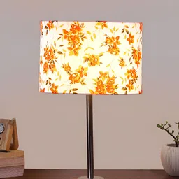 Aura White & Orange Floral Printed Traditional Cylindrical Cotton Shade Wooden Table Lamp-8