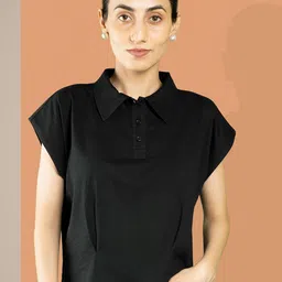 Chemistry Women Solid Shirt Collar Extended Sleeves Cotton Top-picture-11