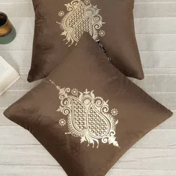 HOSTA HOMES Brown & Cream-Coloured Set of 2 Floral Velvet Square Cushion Covers-19