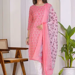 Kamayra Ethnic Motifs Printed Round Neck Straight Kurta with Trousers & Dupatta-image-17