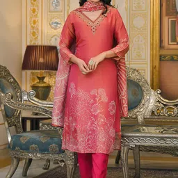 Anouk Orange Floral Embroidered Beads and Stones Straight Kurta with Trousers & Dupatta-image-53