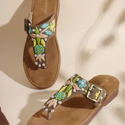 THE WHITE POLE Women Embroidered T-Strap Flats-image-75