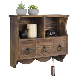 WHITEWHALE Brown Wall Mounted Wooden Organisers With Drawers & Metal Hooks-55