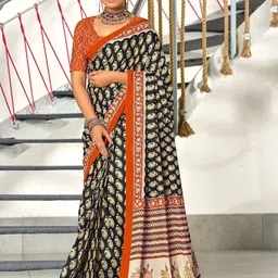 PEENGAX Floral Block Print Pure Cotton Saree-image-50
