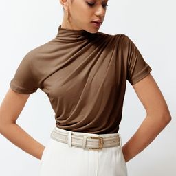 Trendyol Women Solid Brown High Neck Ruched Top-image-6