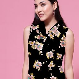 Oomph! Women Floral Printed Sleeveless Tie-Up Neck Top-image-3
