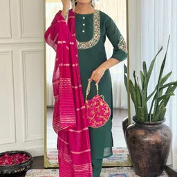 JAPNAAM Women Solid Embroidered Silk Kurta with Trousers & Dupatta-image-80