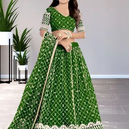 F Plus Fashion Girls Green Net Semi-Stitched Lehenga Choli-image-88
