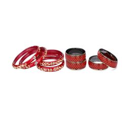 SOMIL Set Of 8 Red Artificial Stones and Beads Hand Decorated Antique Glass Bangles-image-16