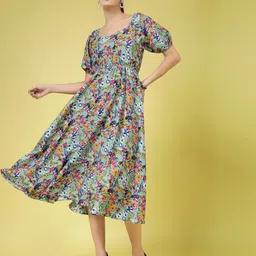 OOMPH! FACTOR Women Floral Printed Puff Sleeve Crepe Fit & Flare Midi Dress-picture-28
