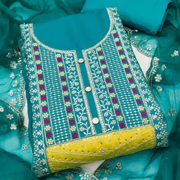 SAINOOR Floral Embroidered Sequined Roman Cotton Silk Semi-Stitched Dress Material-image-83