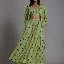 MATI Geometric Printed Plunge Neck Club Cotton Blouse With Lehenga & Jacket-image-3