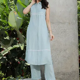 QISSA Shirt Collar Straight Linen Kurta With Trousers-11