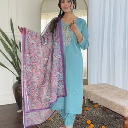 KALINI Women Ethnic Motifs Embroidered Regular Thread Work Chanderi Silk Kurta with Trousers & With Dupatta-image-41