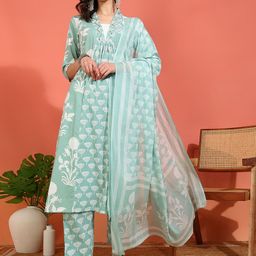 YASH GALLERY Women Floral Printed Regular Pure Cotton Kurta with Trousers & With Dupatta-10