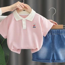 LULU & SKY Boys Polo Collar Pure Cotton T-shirt With Denim Shorts-image-90