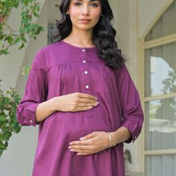 Aujjessa Women Plum Maternity Feeding Solid Round Neck Top-image-39