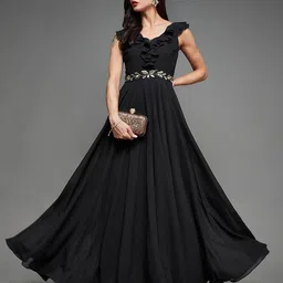 Miss Chase Women Solid Black Embellished & Ruffles Detail Maxi Dress-picture-16