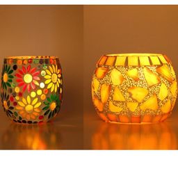 Somil Vibrant Multicolor Glass Candle Holder Add A Touch Of Magic To Diwali, Parties & Candlelight Dinners, Size-8.5 X 8.5 X 9 Cm , 8.5 X 8.5 X 7 Cm Pack OF 2-picture-30