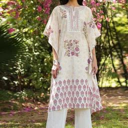 SCAKHI Purple Jaal-Motifs Block Printed Cotton Kaftan Set-image-1
