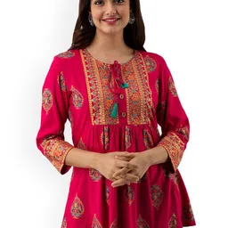 DMP FASHION Floral Yoke Design Tie-Up Neck Thread Work A-Line Kurti-image-76