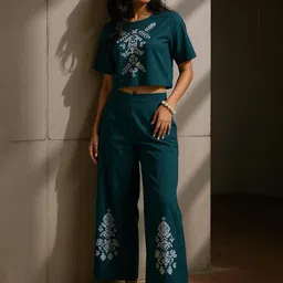 ZUMMER Embroidered Pure Cotton Round Neck Top With Trousers-picture-35