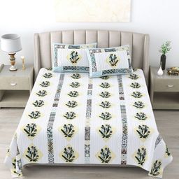Wayne Martin Off White & Blue Floral 300 TC Pure Cotton King Bedsheet With 2 Pillow Covers-image-98