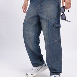 glitchez Men Mid-Rise Panelled Detail Pure Cotton Light Fade Relaxed Fit Cargo-Style Jeans-picture-17