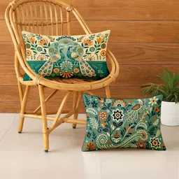 STITCHNEST Green & Orange 2 Pieces Floral Satin Rectangle Cushion Covers-image-49
